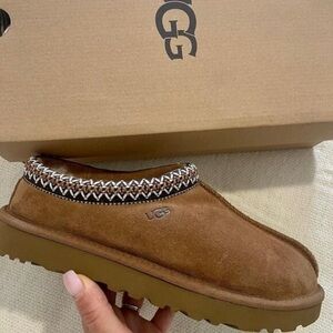 UGG Chestnut Suede Slip-Ons with Woven Trim